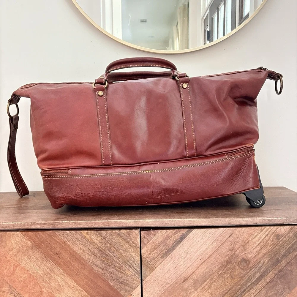 Italian Leather Rolling Duffel Bag Wheeled Weekender Carry On Luggage Brown